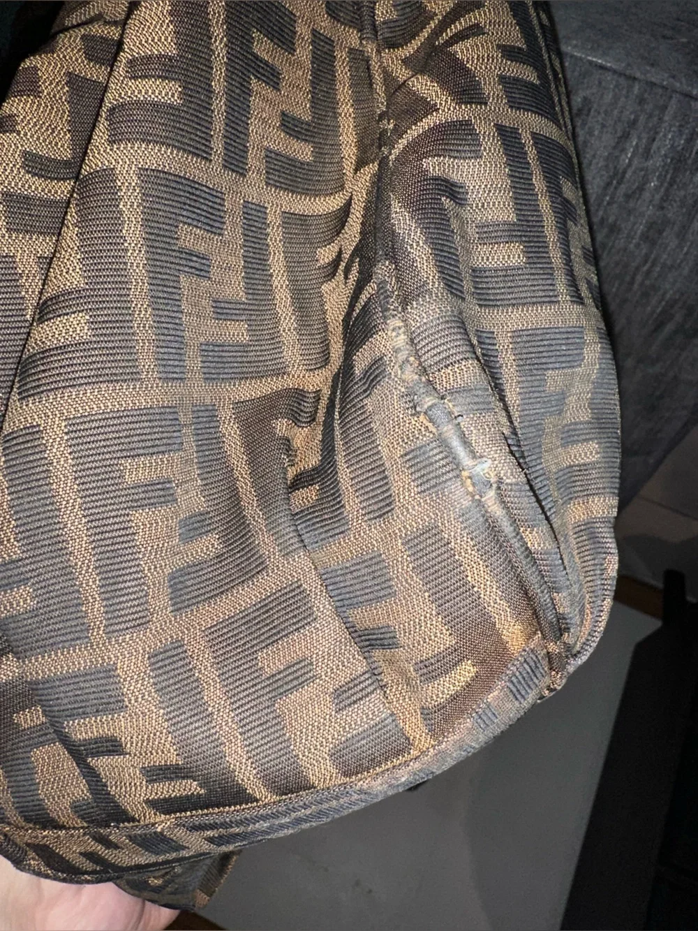 Fendi Brown Zucca Pattern Shoulder Bag with Logo Plaque